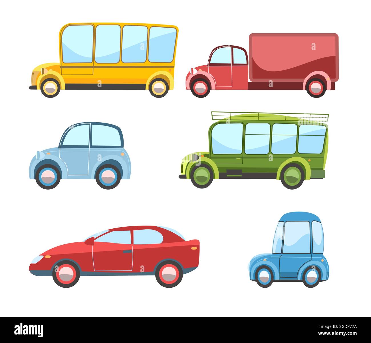 Set of cars. Cartoon comic in funny style. Side view. Beautiful retro
