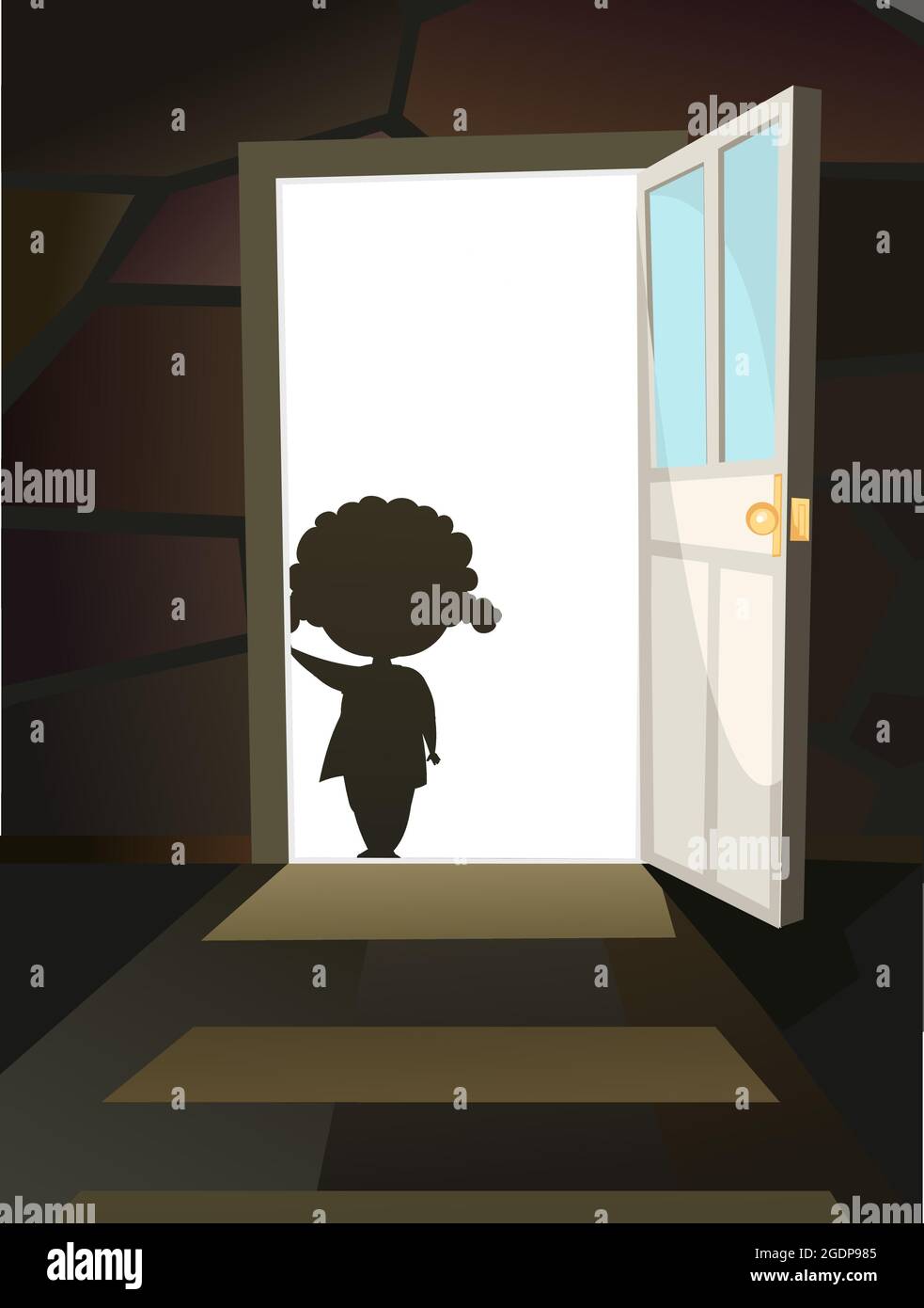 Childhood fear. A little girl peers into a dark room through an open door. Day. Steps to basement. Illustration for kids. Afraid of the dark Stock Vector