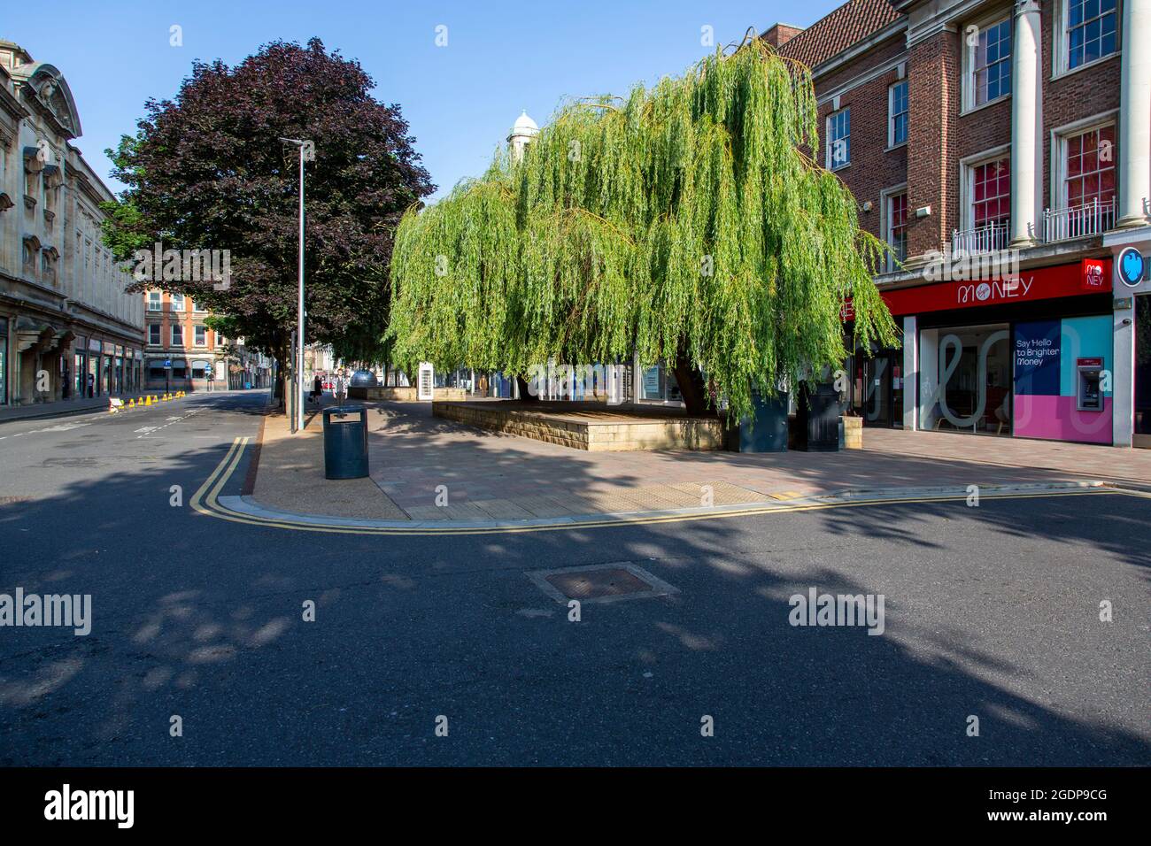 Weeping Willow and shops on Paragon Street, Kingston upon Hull city centre, East Yorkshire, UK Stock Photo