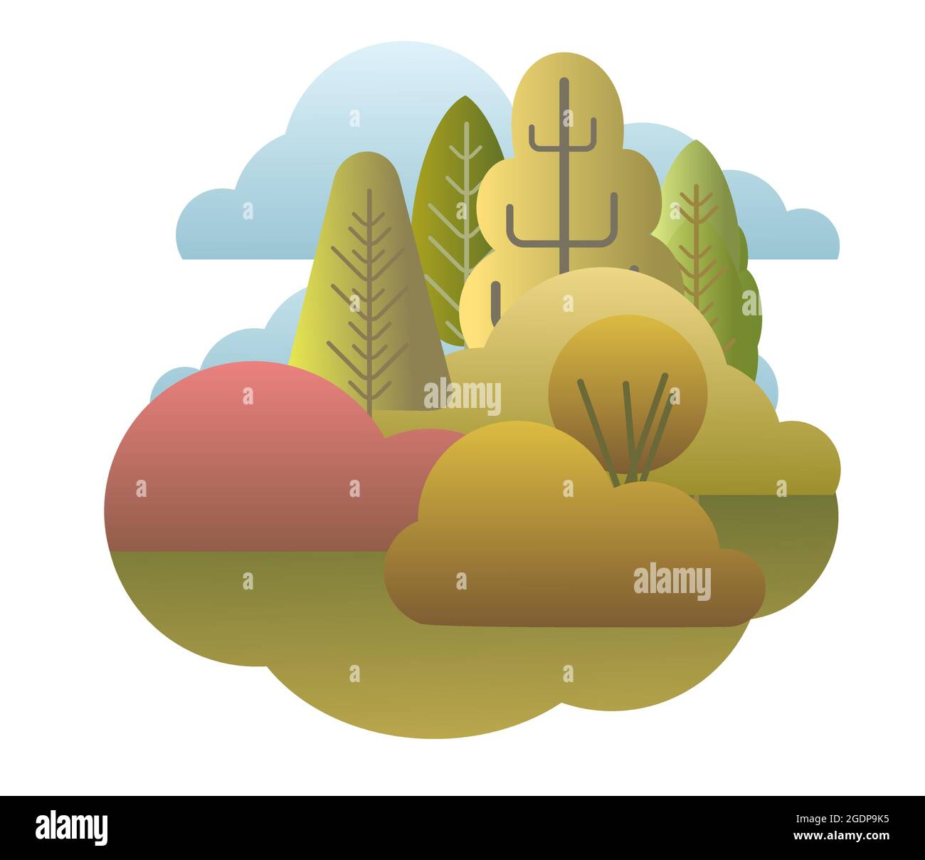 Autumn forest. Flat style symbolic illustration. Landscape in orange, yellow and green tones. Rural wildlife. Country scene with trees and bushes Stock Vector