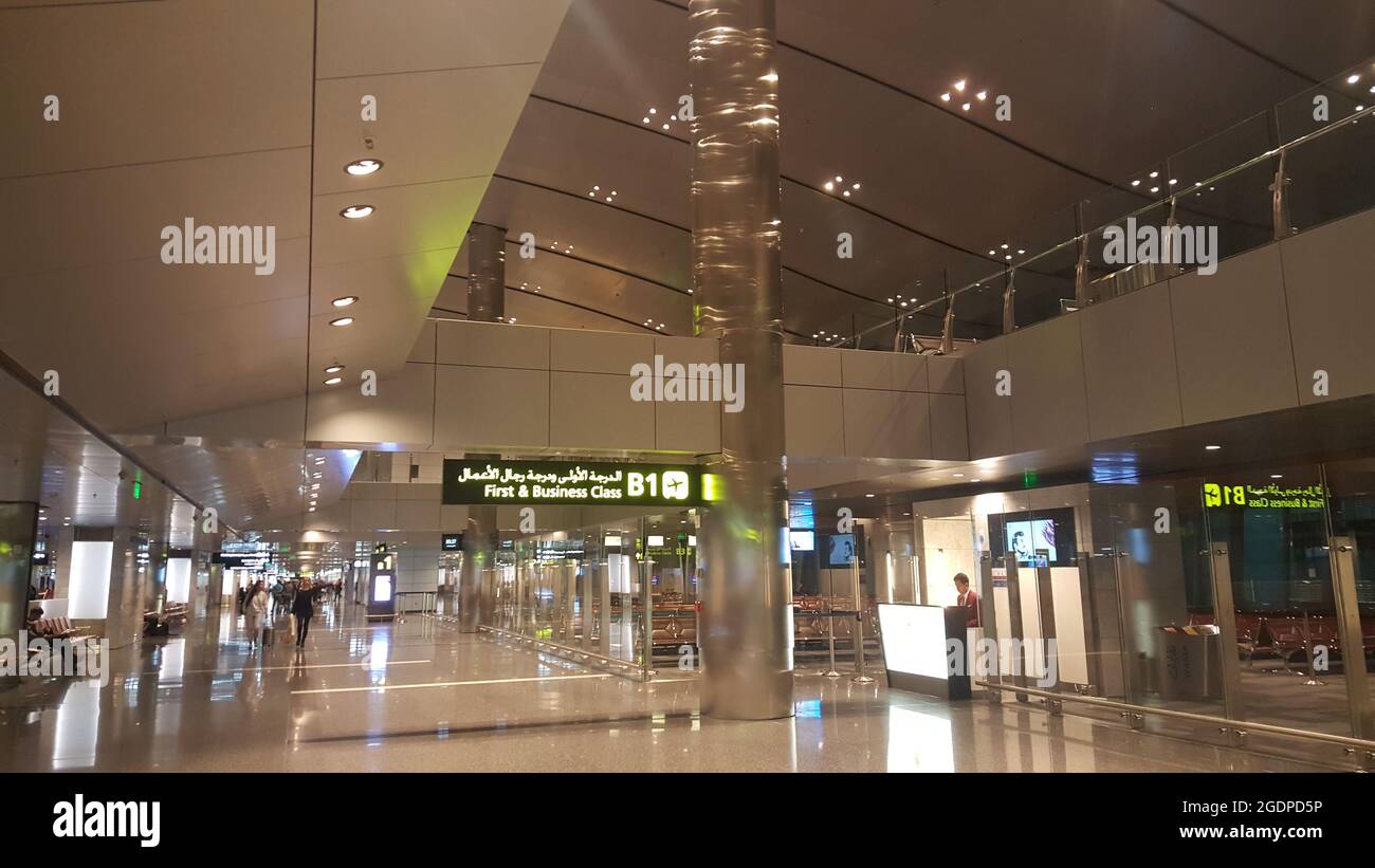 DOHA, QATAR - 01.21.2018: View of the terminal of Hamad International Airport (DOH), opened in 2014 as a new international airport in Doha. It is the Stock Photo