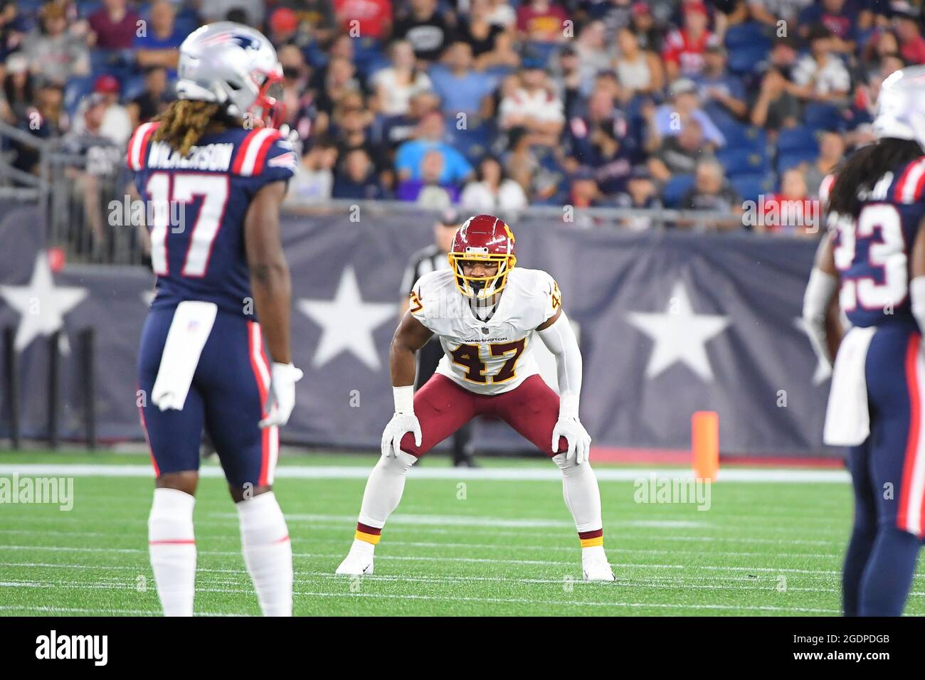 Thursday, August 12, 2021: Washington Football Team linebacker Khaleke Hudson (47) lines up during the NFL preseason game between the Washington Football Team and the New England Patriots held at Gillette Stadium, in Foxborough, Massachusetts. The Patriots defeat Washington 22-13. Eric Canha/CSM Stock Photo