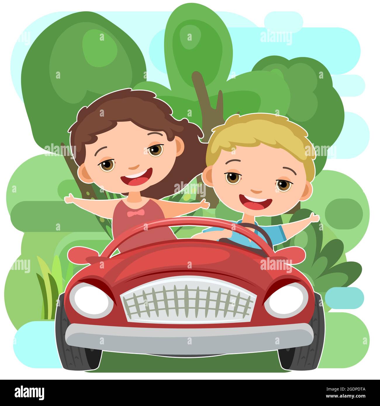 Childrens trip in a small car. Kid drives a pedal or electric toy