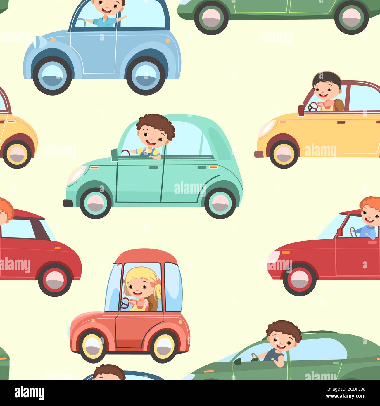 Children drive cars. Seamless cartoon pattern. Kids motorists. Close up, Childrens background illustration. Various automobiles. Toy vehicle, motor  Stock Vector Image & Art - Alamy