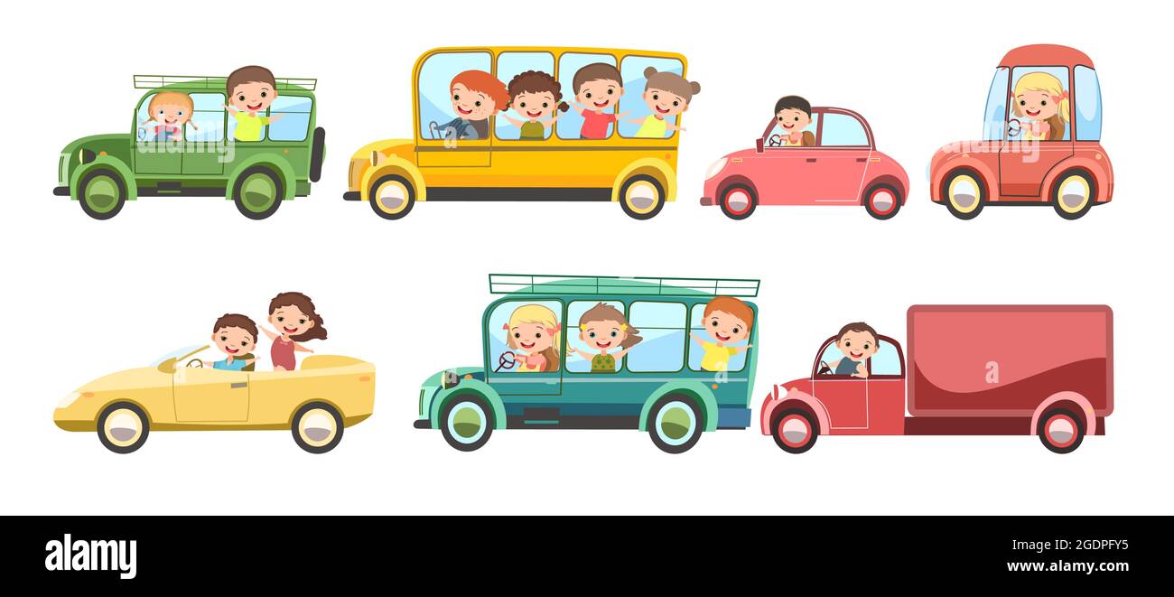 Childrens car. Set. Kids drives different cars, truck and school bus. Toy avehicle. With a motor. Nice passenger auto. Isolated over white background Stock Vector