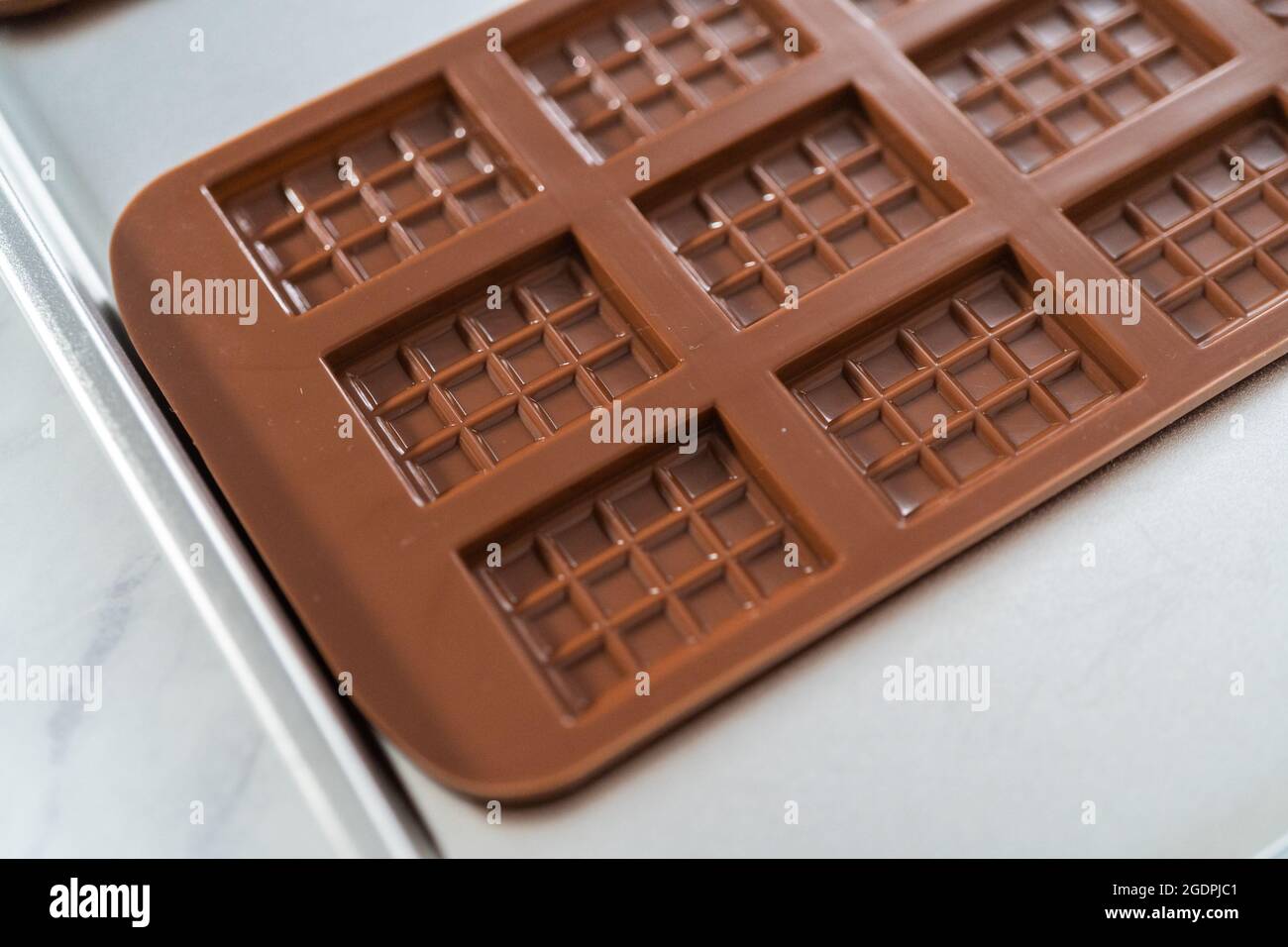 Filling Chocolate Silicone Molds Melted Chocolate Stock Photo