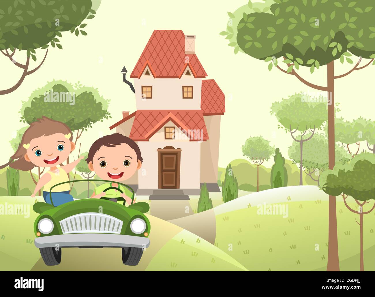 Kids goes on adventure in little car. Kid drives pedal or toy electric car.  Cartoon illustration for children. Summer hills landscape. Road and house  Stock Vector Image & Art - Alamy