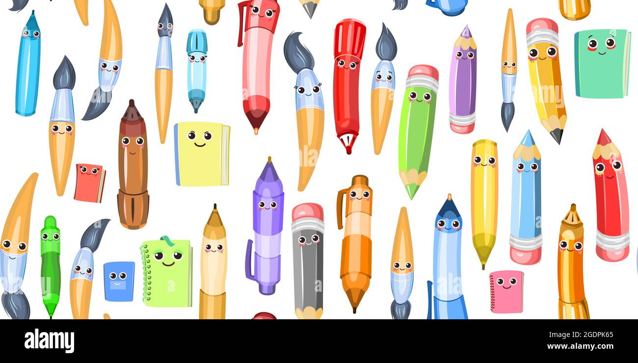 Stationery background illustration. Funny Characters. Seamless pattern. Pencils and ballpoint and gel pens. Books and notebooks. Scattered in disarray Stock Vector