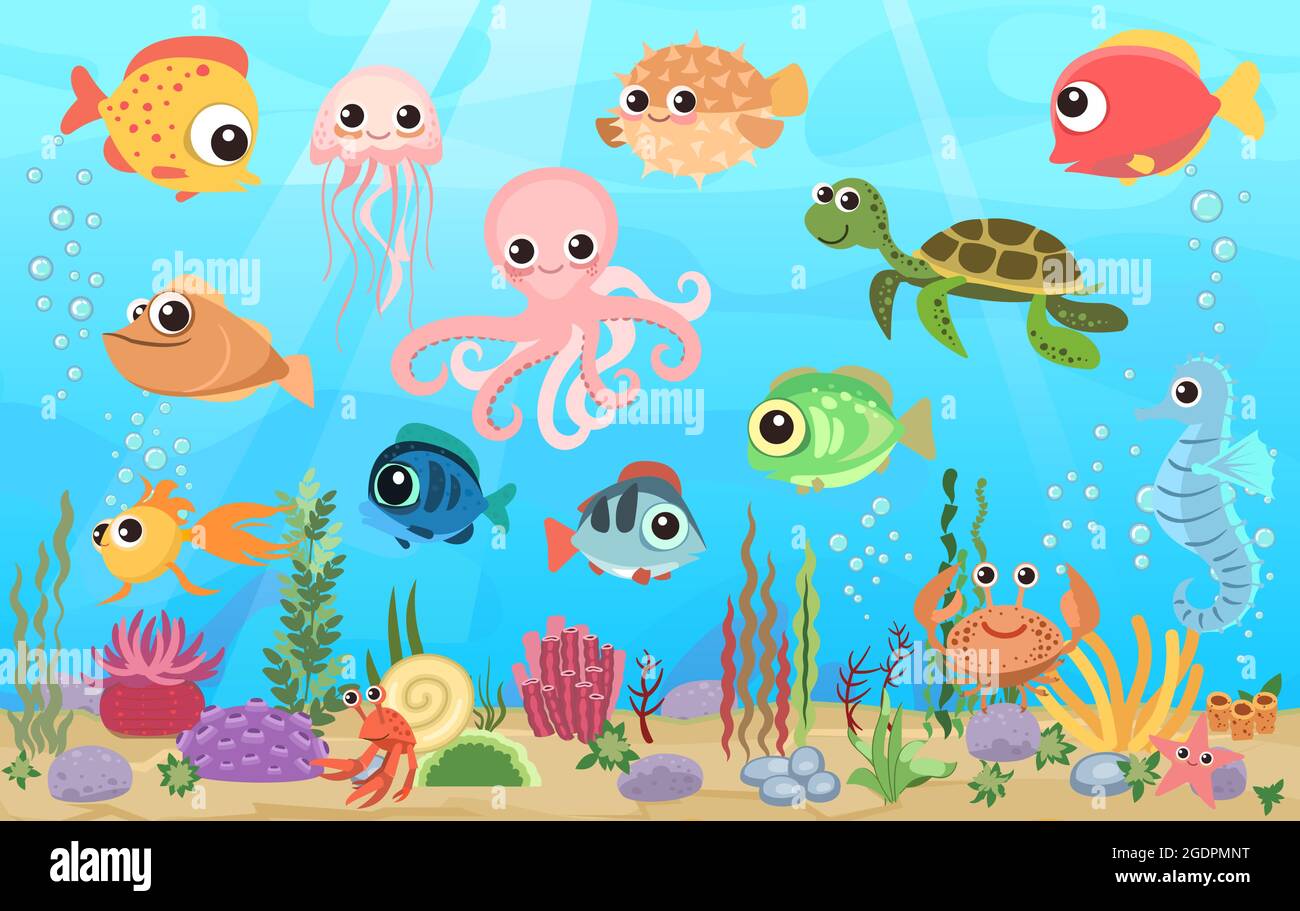 Bottom of reservoir with fish. Blue water. Sea ocean. Octopus. Underwater landscape with animals. plants, algae and corals. Cartoon style Stock Vector