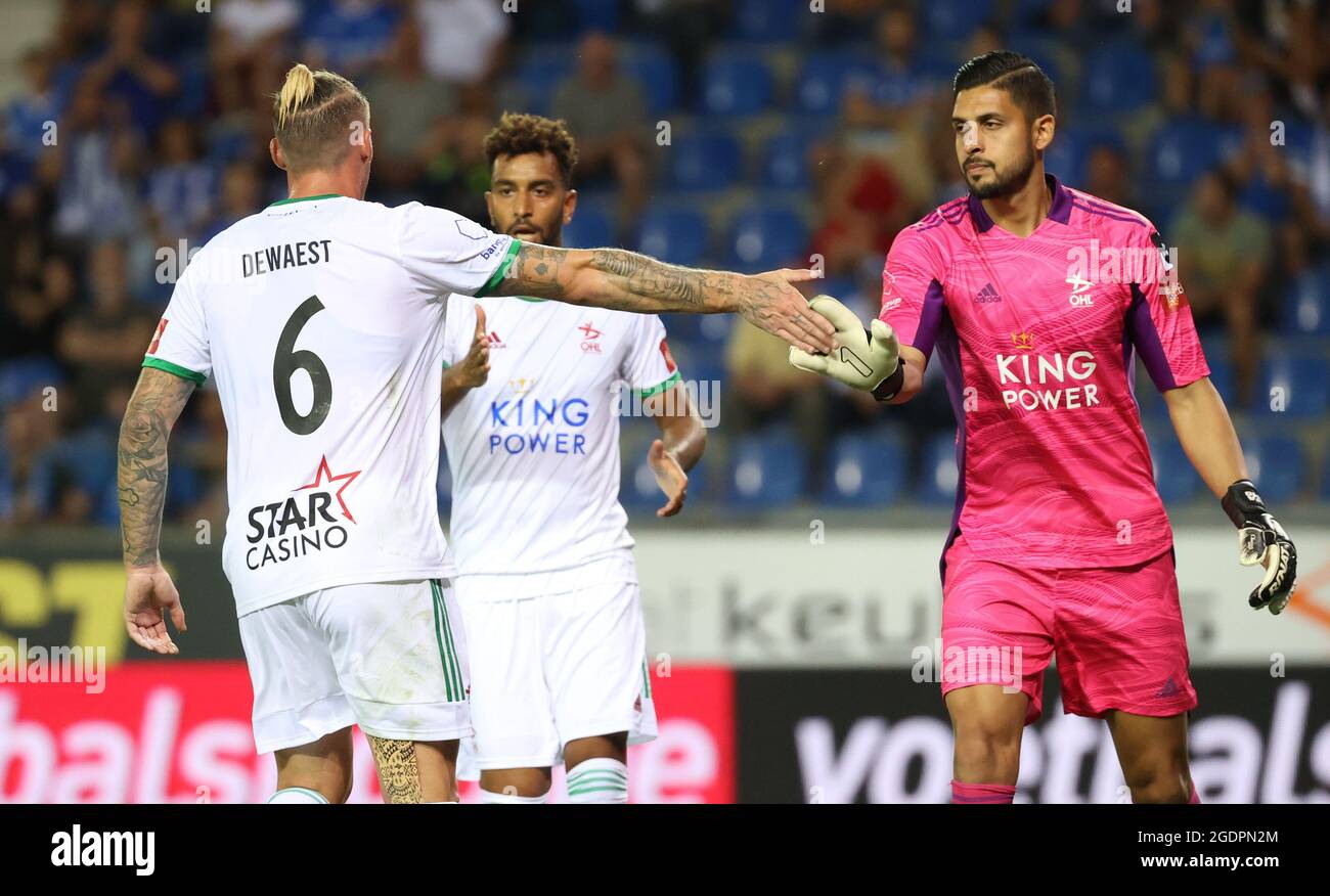 OHL's Sebastien Dewaest and OHL's goalkeeper Rafael Romo celebrate