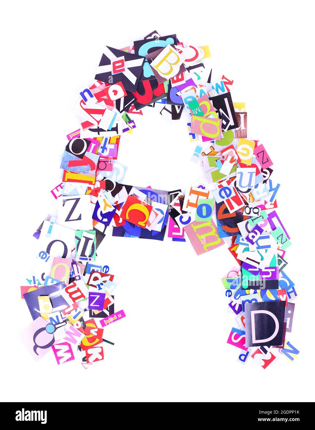 Letter A made of colorful newspaper letters isolated on white Stock
