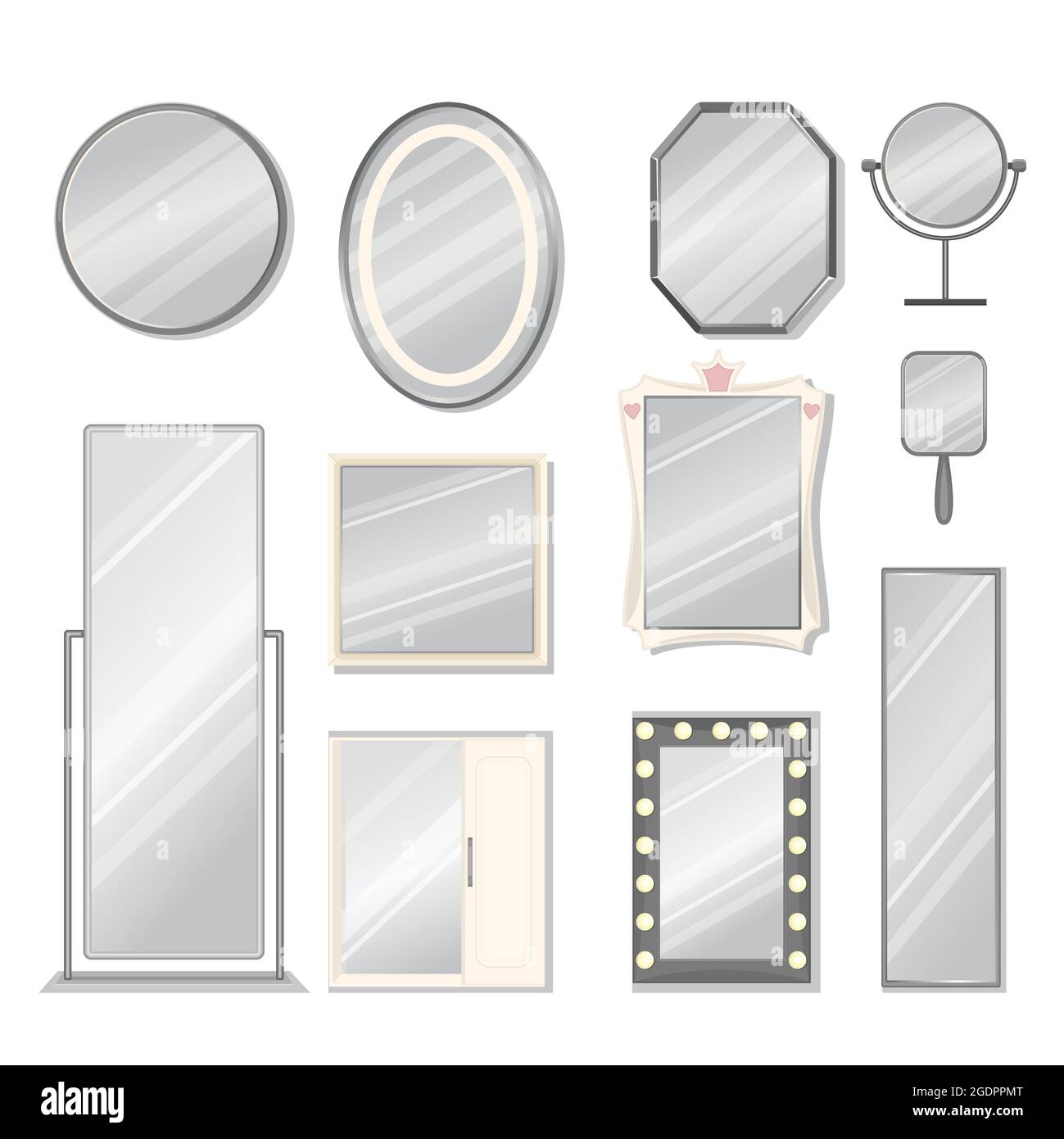 Set of vector mirrors of different models. Reflective mirror surface in silver frame, baby, tabletop, bath mirrors. Interior decor, vector Stock Vector