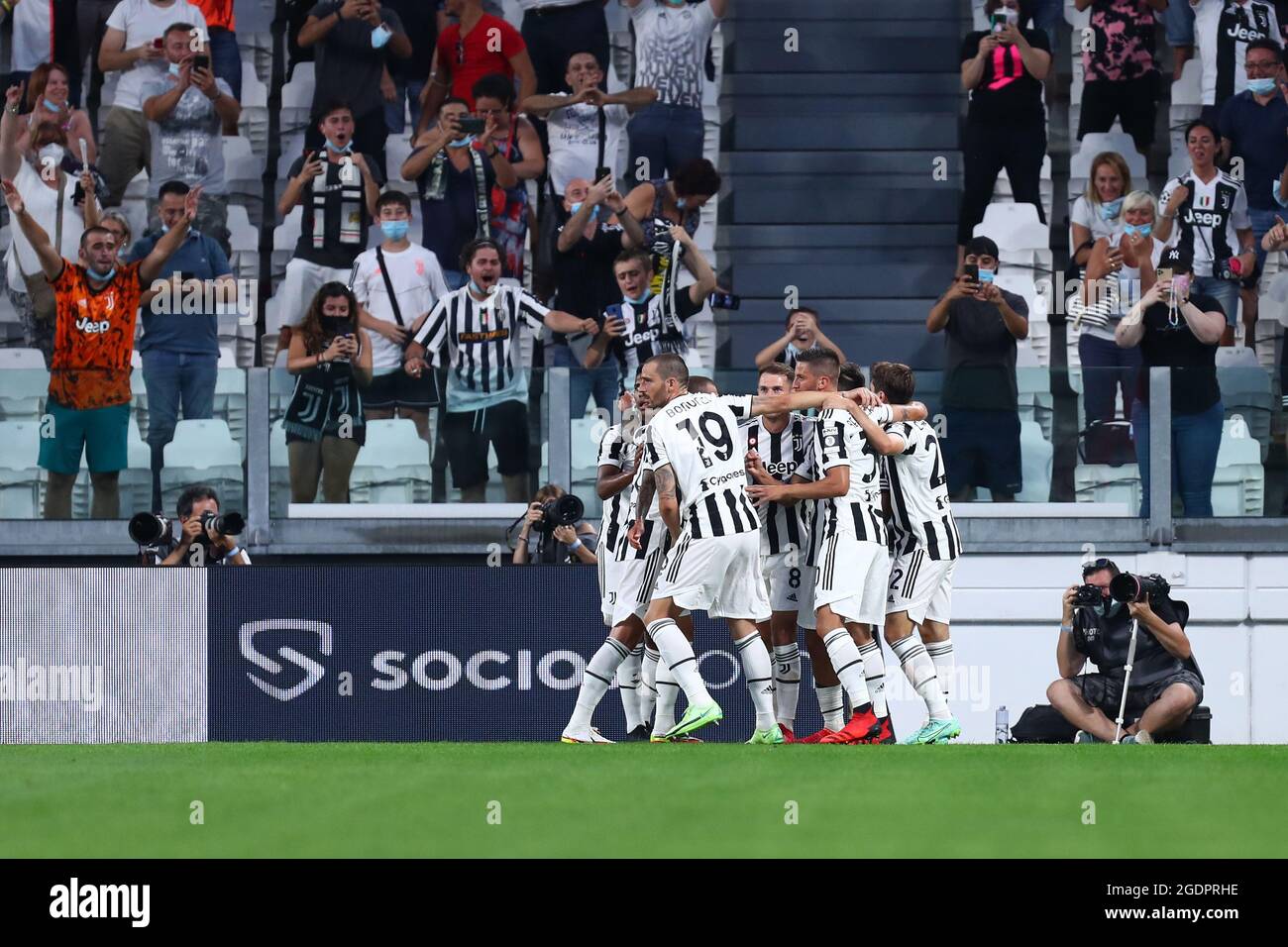 Torino, Italy. 14th Aug, 2021. Paulo Dybala of Juventus Fc celebrates after scoring his team's first goal during the pre-season friendly match between Juventus Fc and Atalanta Bc at Allianz Stadium on August 14, 2021 in Torino, Italy. Credit: Marco Canoniero/Alamy Live News Stock Photo