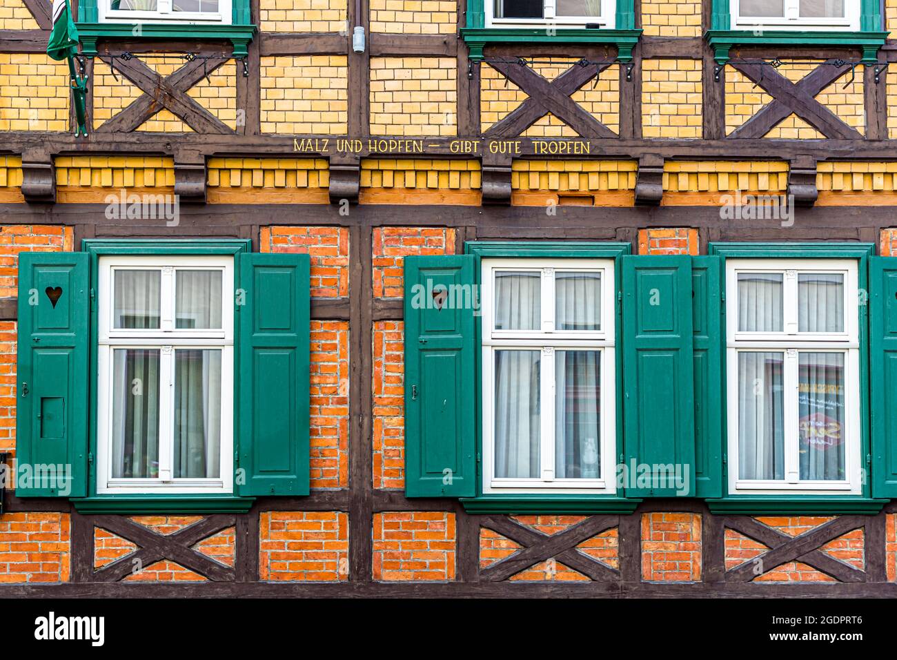 Facade of the Lüdde brewery in Quedlinburg, Germany (MALT AND HOP - GIVE GOOD DROPS) Stock Photo