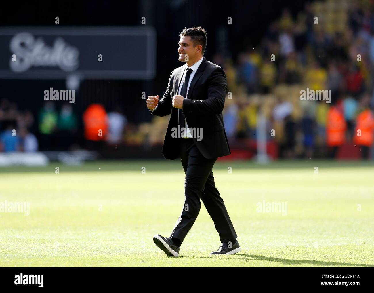 14th August 2021; Vicarage Road Stadium, Watford, Herts, England; Premier League football, Watford versus Aston Villa; Watford Manager Xisco Munoz celebrates after the final whistle Stock Photo