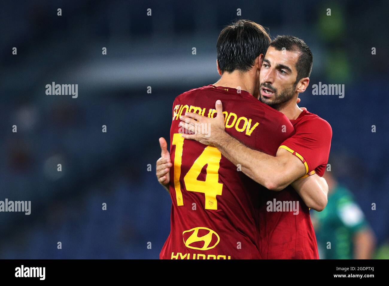 Henrikh Mkhitaryan Of Roma R Celebrates With Eldor Shomurodov L After Scoring 3 0 Goal During The Pre Season Friendly Football Match Between As Roma And Raja Casablanca On August 14 21 At Stadio