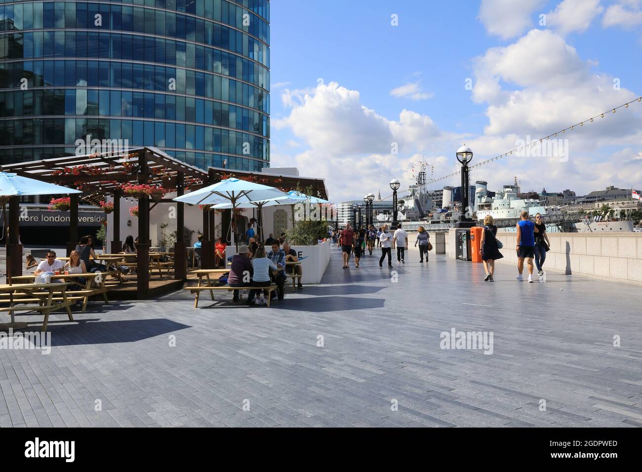 The summer cafe/bar Riverside Terrace, on The Queens Walk by More London, in Southwark, UK Stock Photo