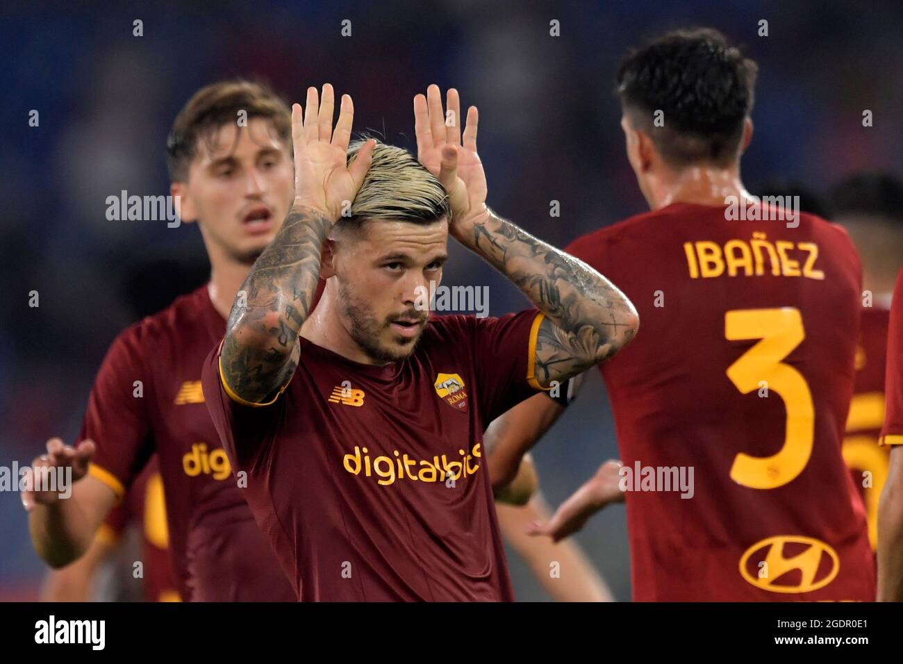 Roma Italy 14th Aug 2021 Carles Perez Of As Roma Celebrates After Scoring The Goal Of 4 0 During The Pre Season Friendly Football Match Between As Roma And Raja Casablanca At Stadio