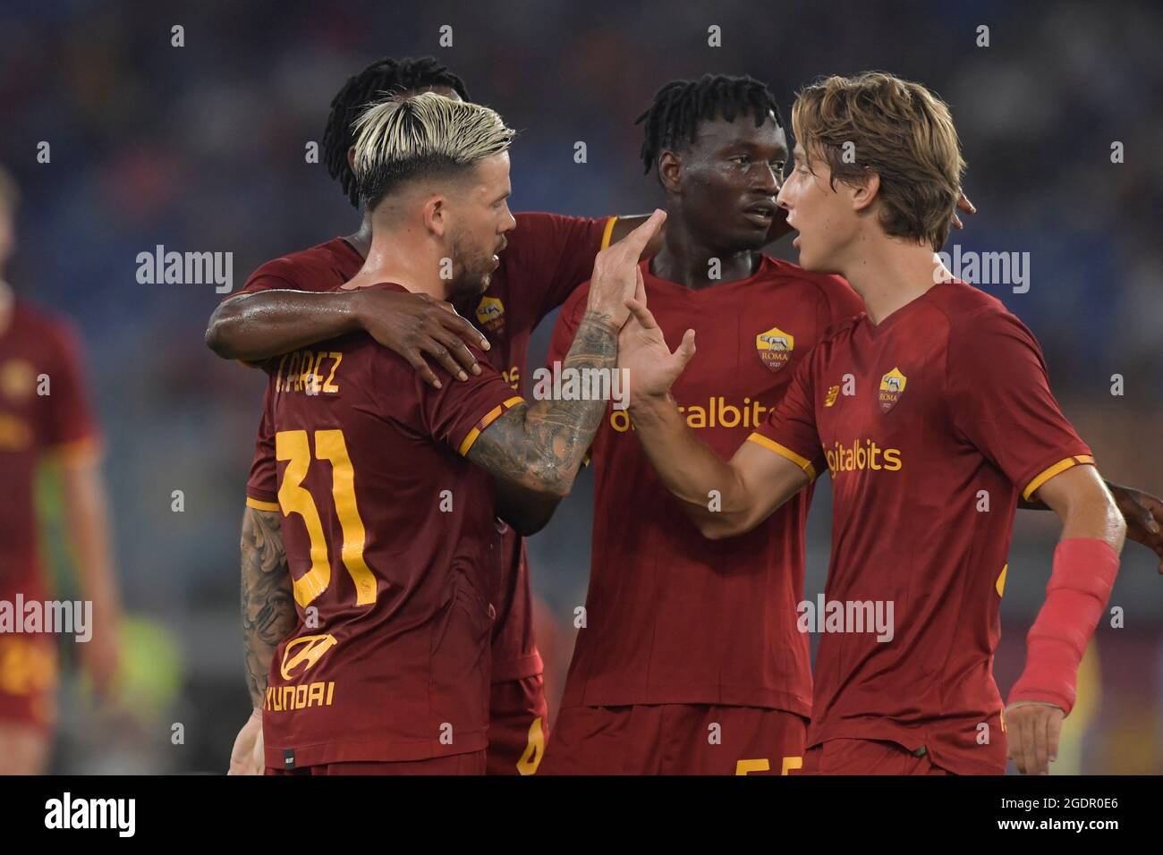 Roma Italy 14th Aug 2021 Carles Perez Of As Roma Celebrates After Scoring The Goal Of 4 0 During The Pre Season Friendly Football Match Between As Roma And Raja Casablanca At Stadio