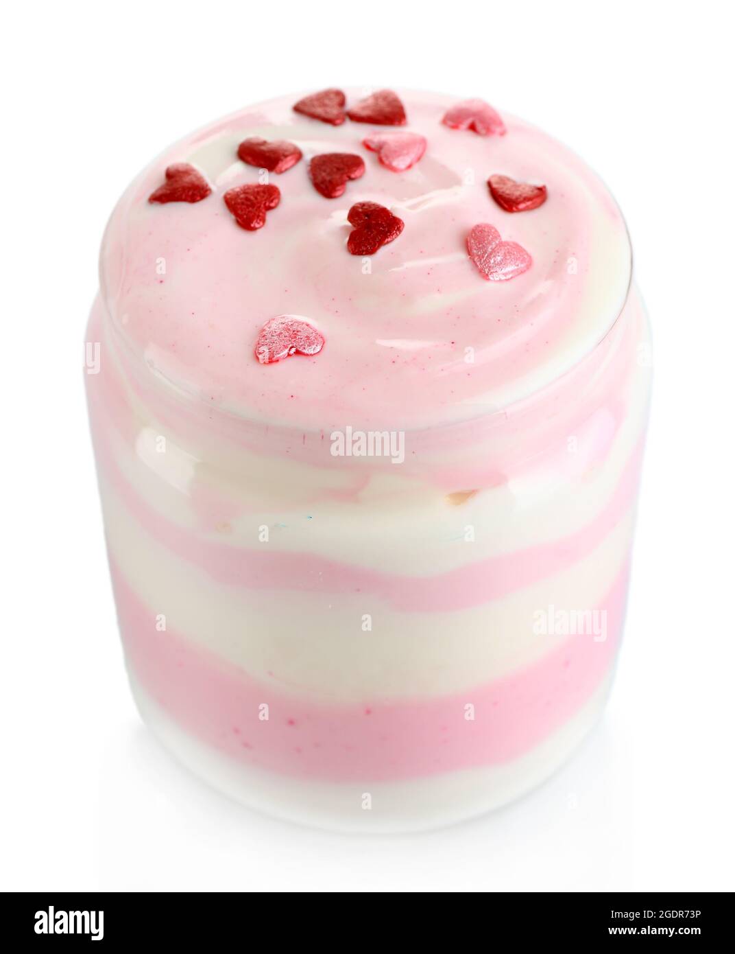 Raspberry milk dessert in glass jar, isolated on white Stock Photo Alamy