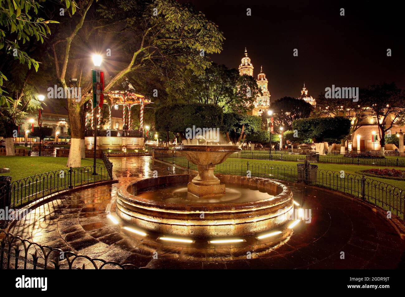 The main plaza and cathedral of Morelia, Michoacan, Mexico. Stock Photo