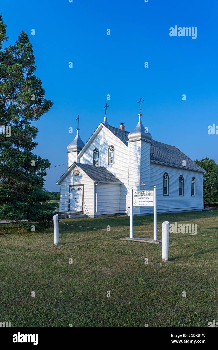 A Ukrainian Catholic church at Valley River, Manitoba, Canada. Stock Photo
