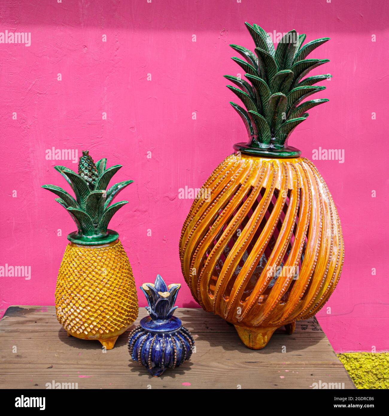 Glazed clay pineapples in the San Jose de Gracia market in Michoacan, Mexico. Stock Photo