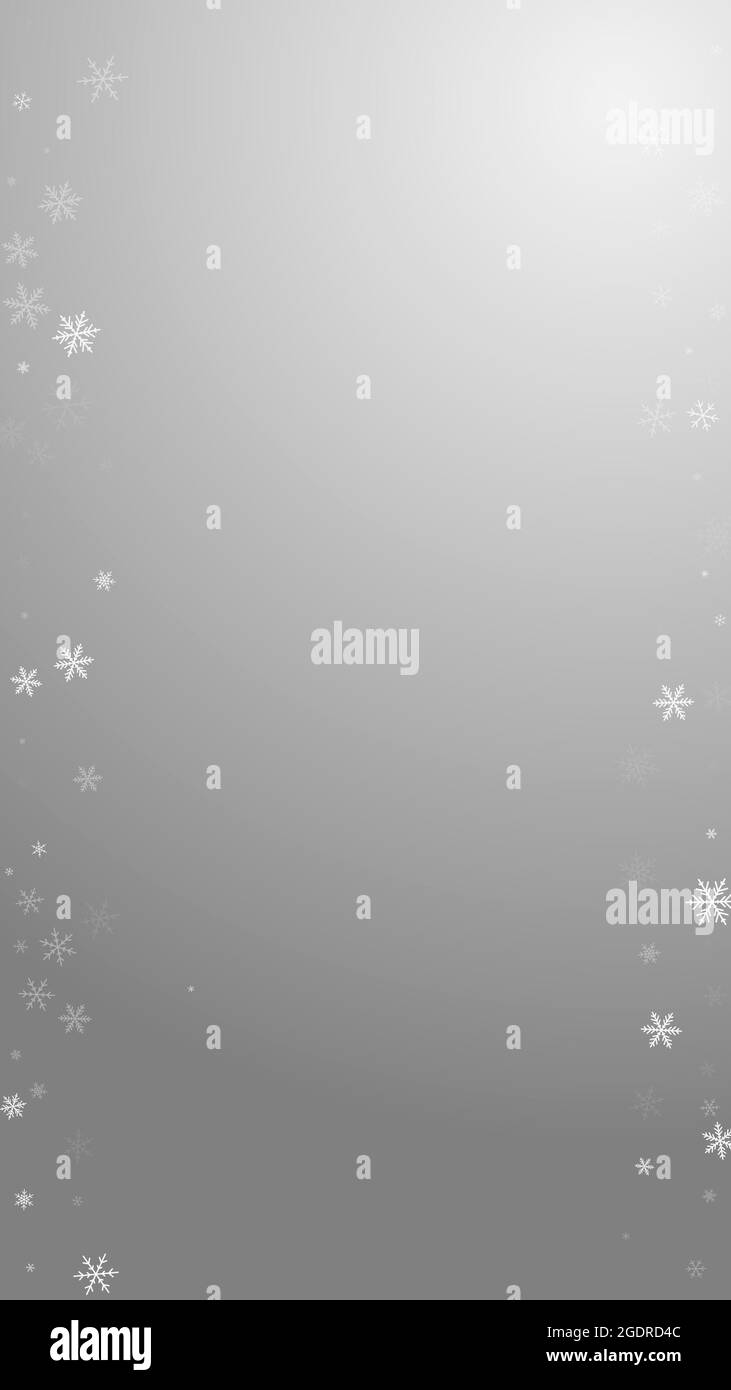 Sparse snowfall Christmas background. Subtle flying snow flakes and stars on grey background. Adorable winter silver snowflake overlay template. Brill Stock Vector