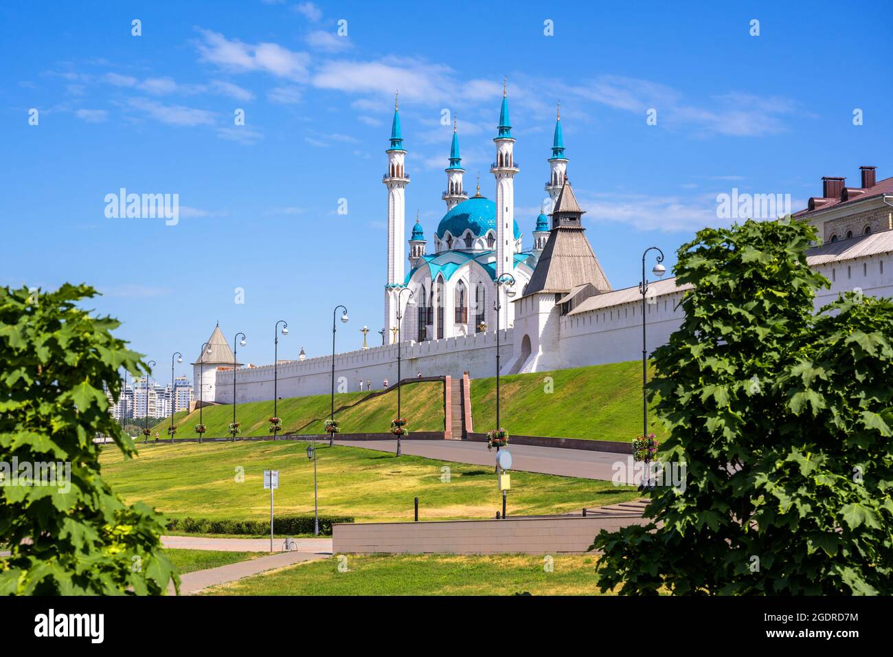 Kazan Kremlin in summer, Tatarstan, Russia. It is top landmark of Kazan. Scenic view of old white fortress and Kul Sharif mosque. Historical architect Stock Photo