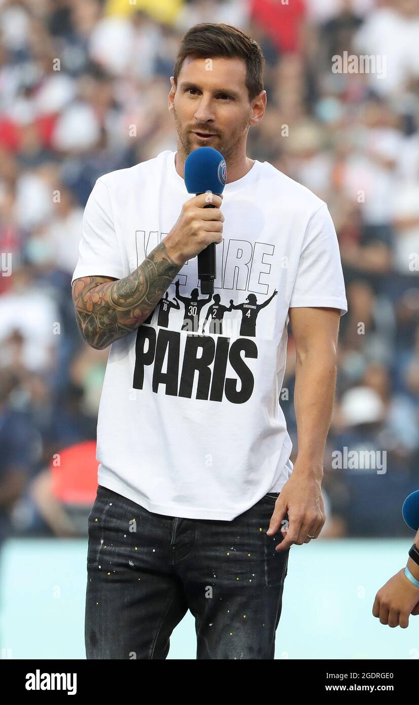 Lionel Messi during the new recruits of PSG presentation ahead of the  French championship Ligue 1 football match between Paris Saint-Germain and  RC Strasbourg on August 14, 2021 at Parc des Princes