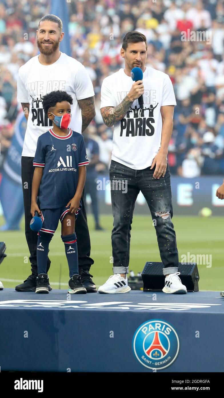 Sergio Ramos, Lionel Messi during the new recruits of PSG presentation  ahead of the French championship Ligue 1 football match between Paris  Saint-Germain and RC Strasbourg on August 14, 2021 at Parc