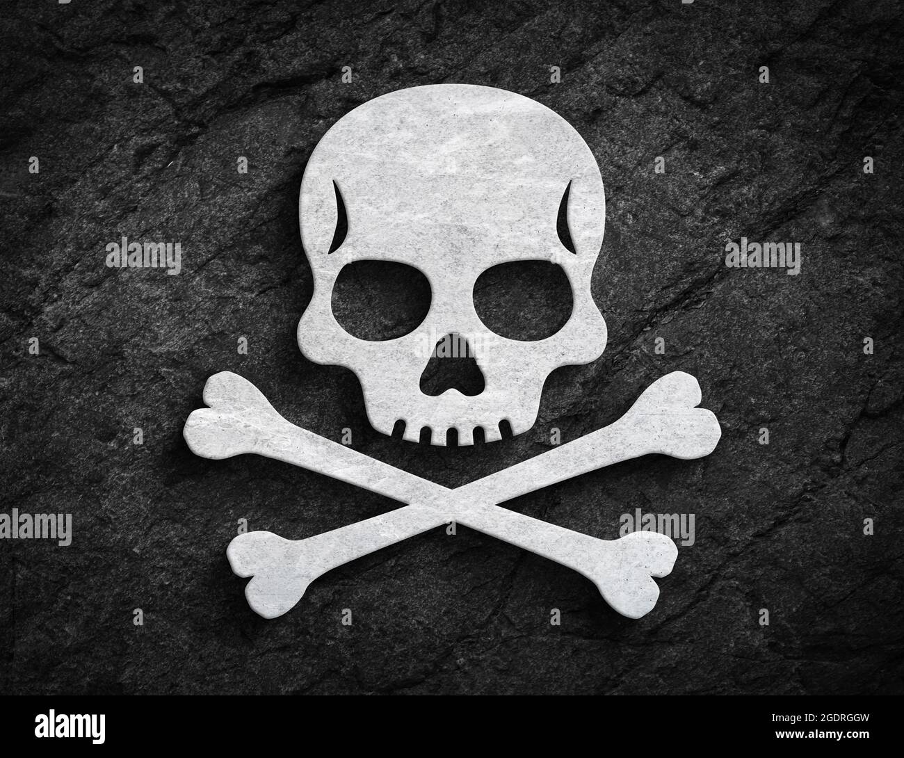 Human skull icon with crossbones poison and jolly roger symbol on dark stone wall background Stock Photo