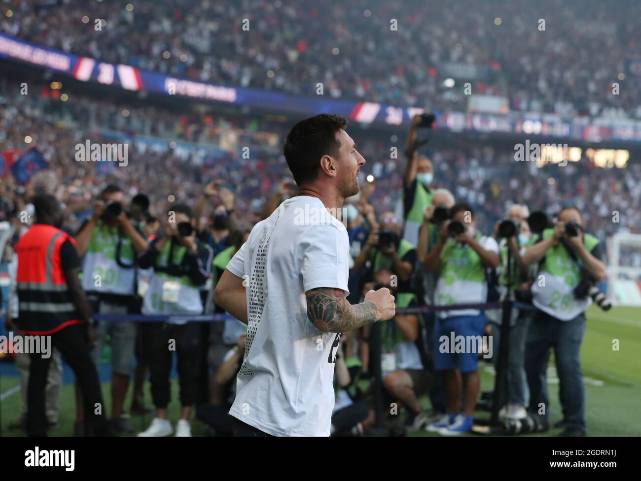 Paris, France. 14th Aug, 2021. Argentinian forward Lionel Messi attends the new recruits presentation ceremony prior to the French Ligue 1 football match between Paris Saint-Germain and Racing Club Strasbourg at the Parc des Princes stadium in Paris, France, Aug. 14, 2021. Credit: Gao Jing/Xinhua/Alamy Live News Stock Photo