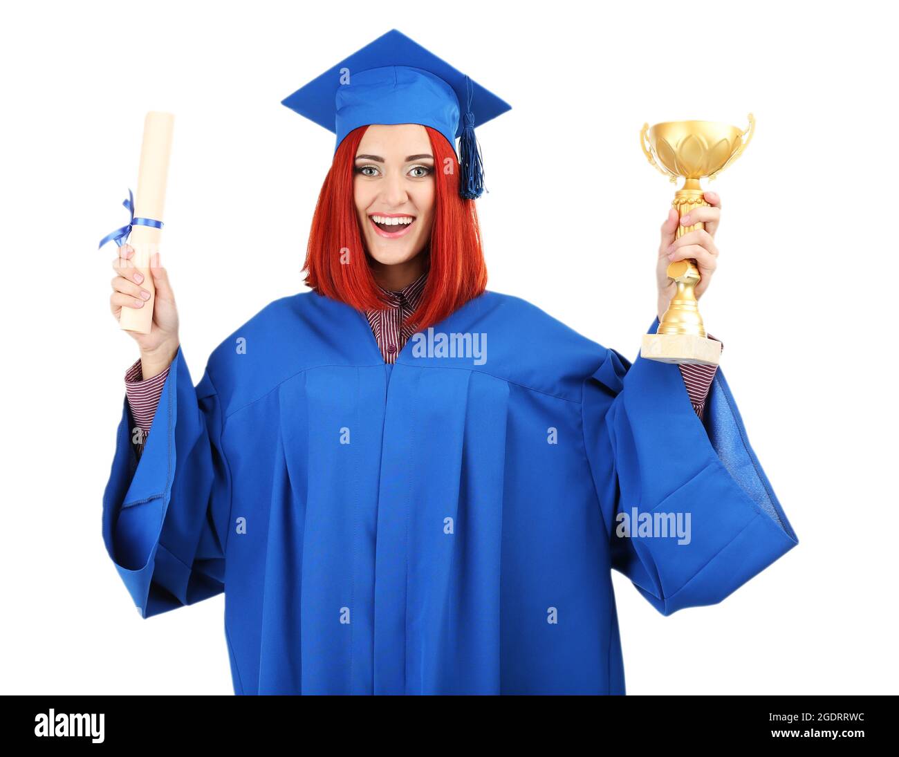 Woman graduate student wearing graduation hat and gown, isolated on