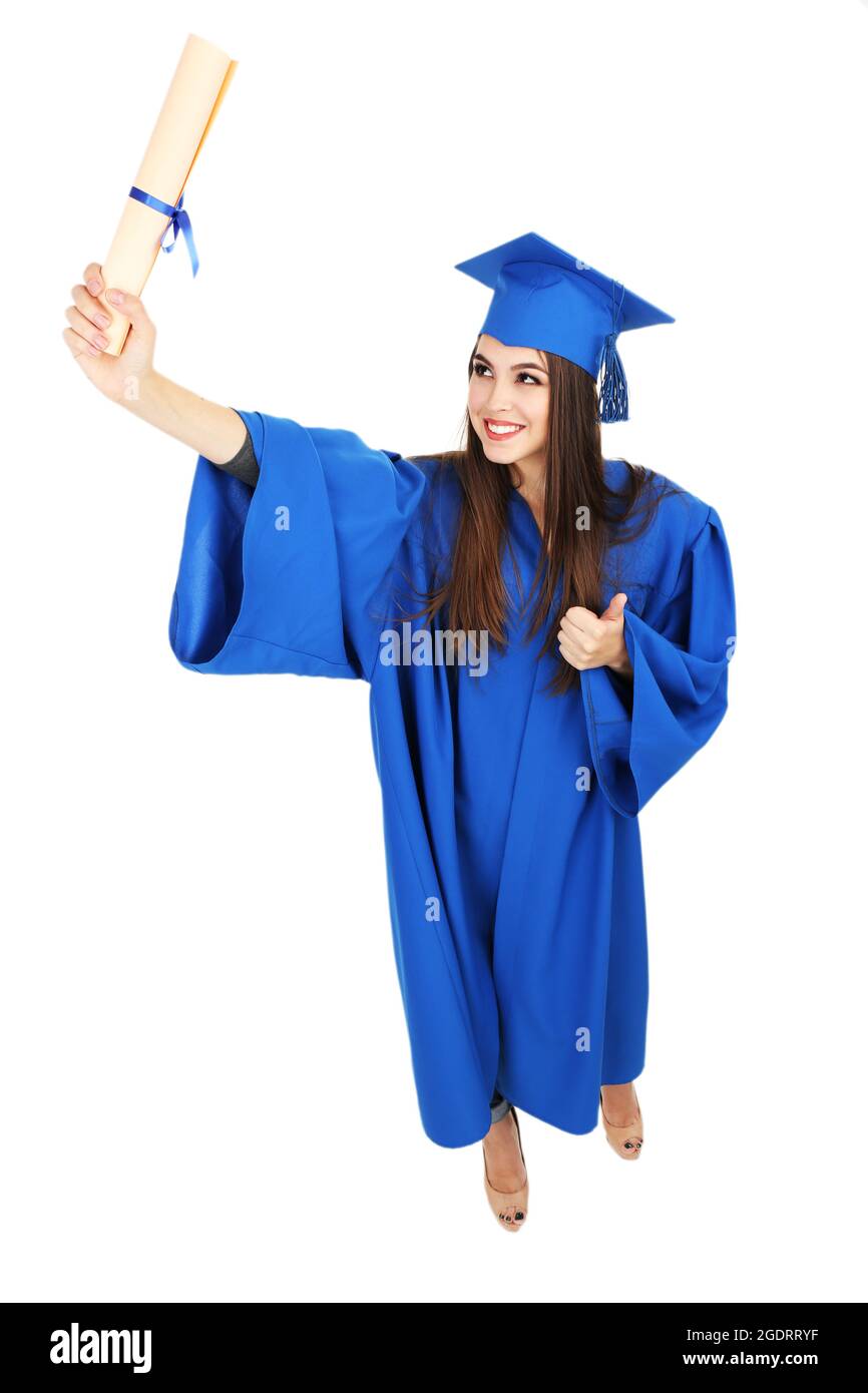 Woman graduate student wearing graduation hat and gown, isolated on