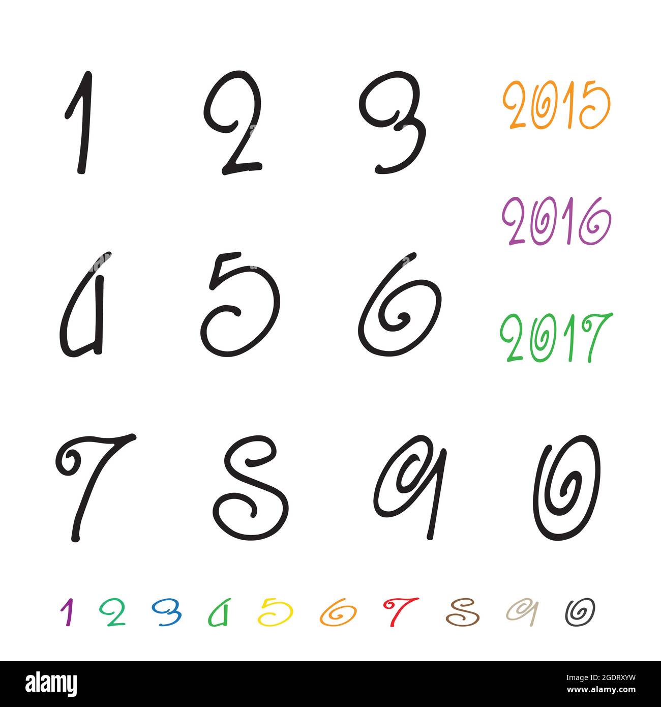 Numbers 0-9 written with a brush on a white background Stock Vector