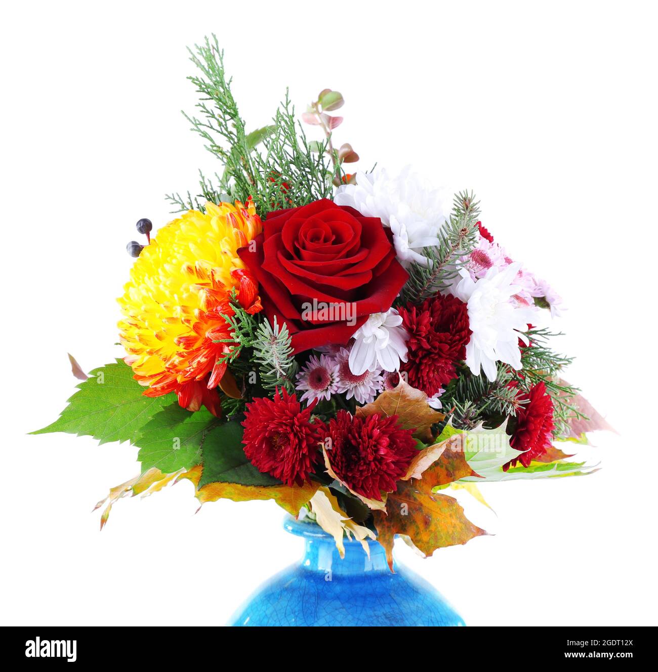 Flower bouquet in blue vase isolated on white Stock Photo Alamy
