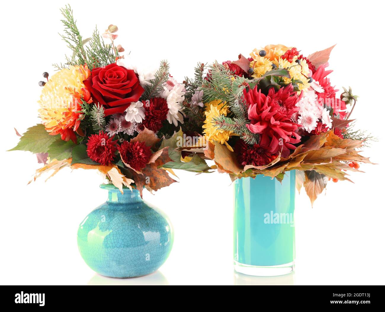 Flower bouquets in blue vases isolated on white Stock Photo Alamy