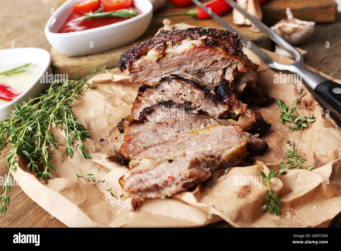Delicious grilled meat on table Stock Photo Alamy