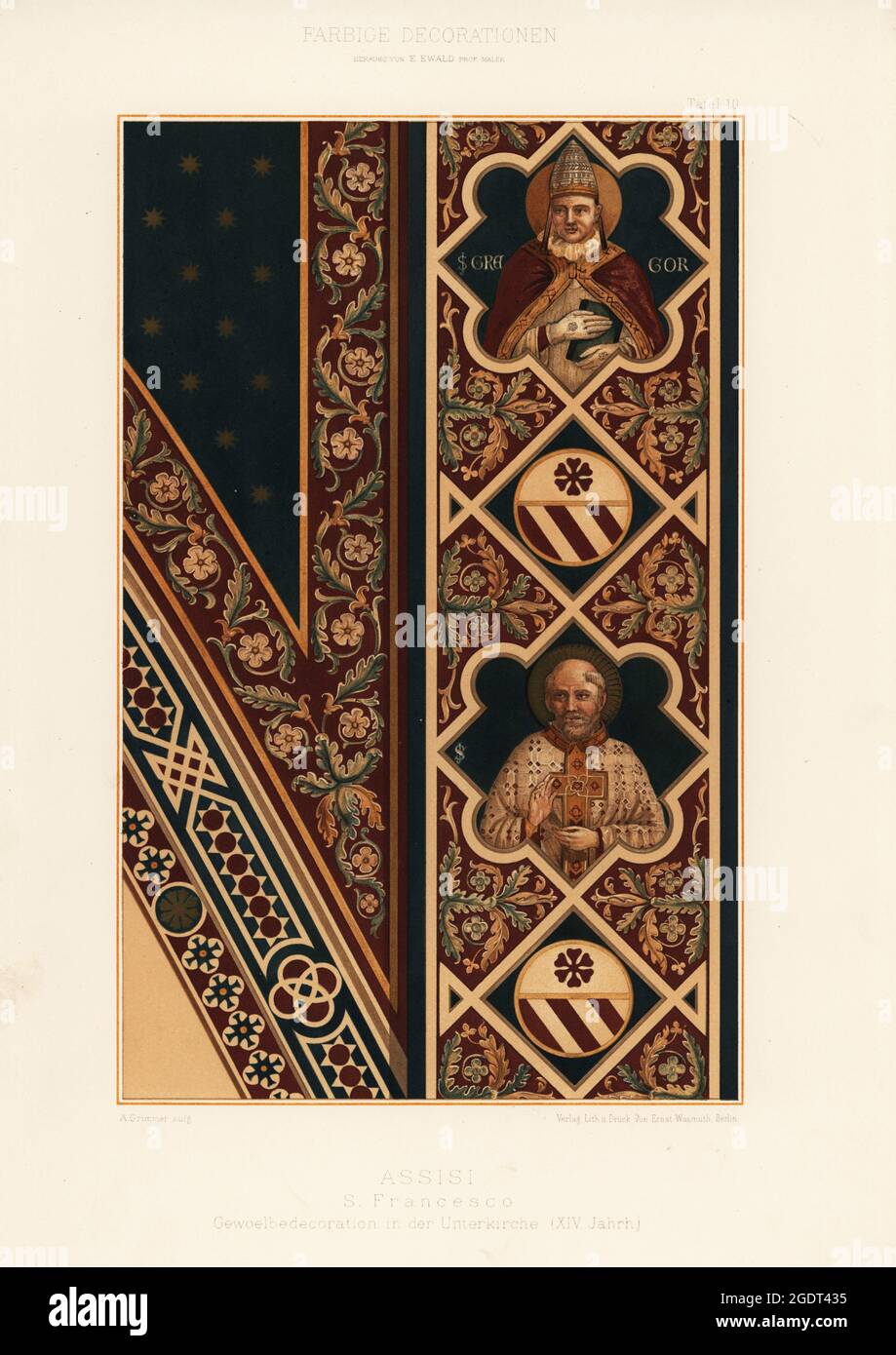 Decorated vault in the lower Basilica of San Francesco, Assisi, Italy, 14th century. Gewoelbedecoration in der Unterkirche (XIV Jahrh), Assisi, S. Francesco. Chromolithograph by A. Grimmer from Ernst Ewald’s Farbige decorationen, alter und never Zeit (Color decoration, ancient and new eras), Ernst Wasmuth, Berlin, 1889. Stock Photo