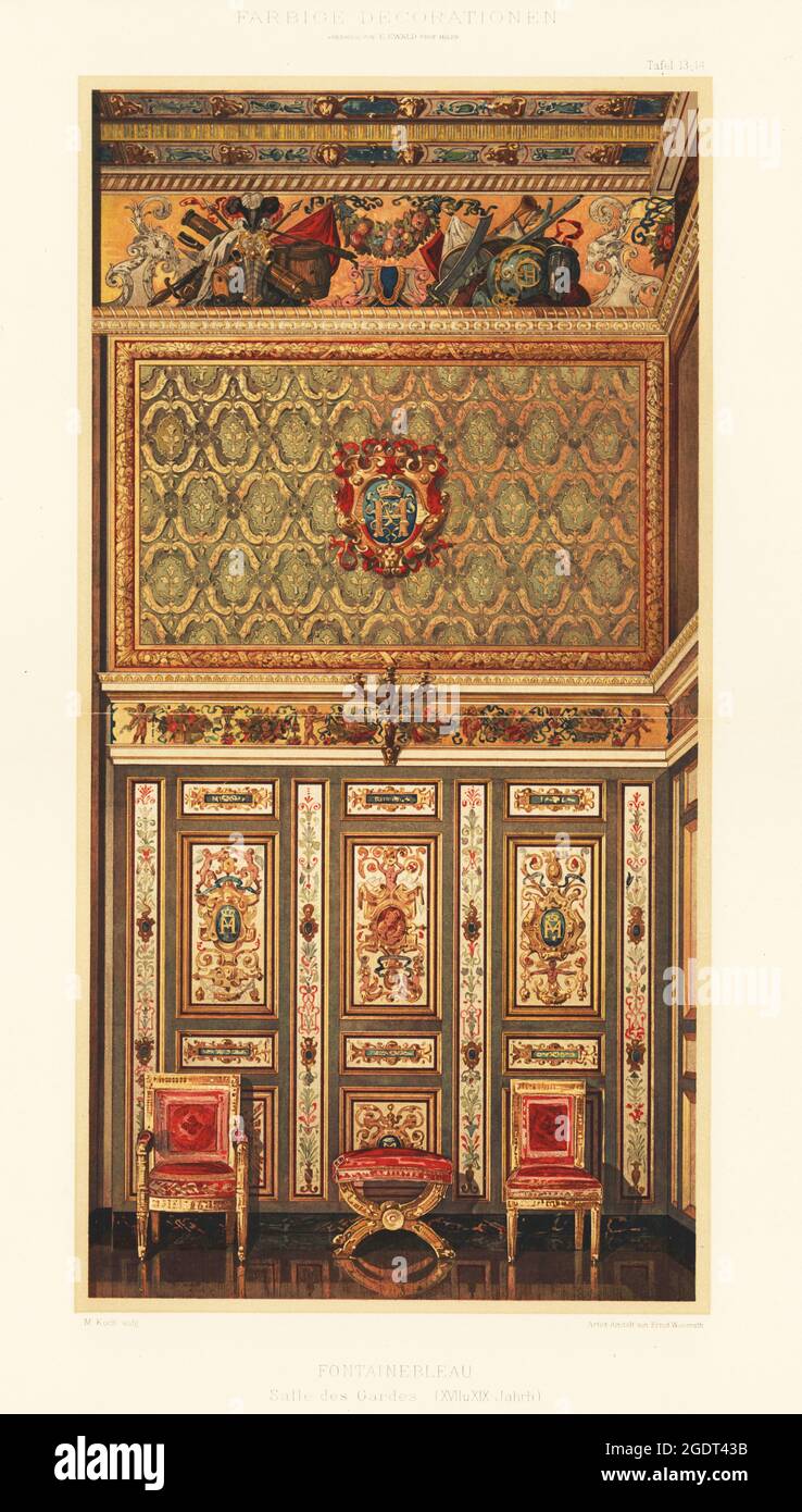 Decorated wall panels, ceiling and chairs in the Salle des Gardes, Palace of Fontainebleau, 17th to 19th century. Salle des gardes, Chateau de Fontainebleau, XVII u XIX Jahrh. Chromolithograph by M. Koch from Ernst Ewald’s Farbige decorationen, alter und never Zeit (Color decoration, ancient and new eras), Ernst Wasmuth, Berlin, 1889. Stock Photo