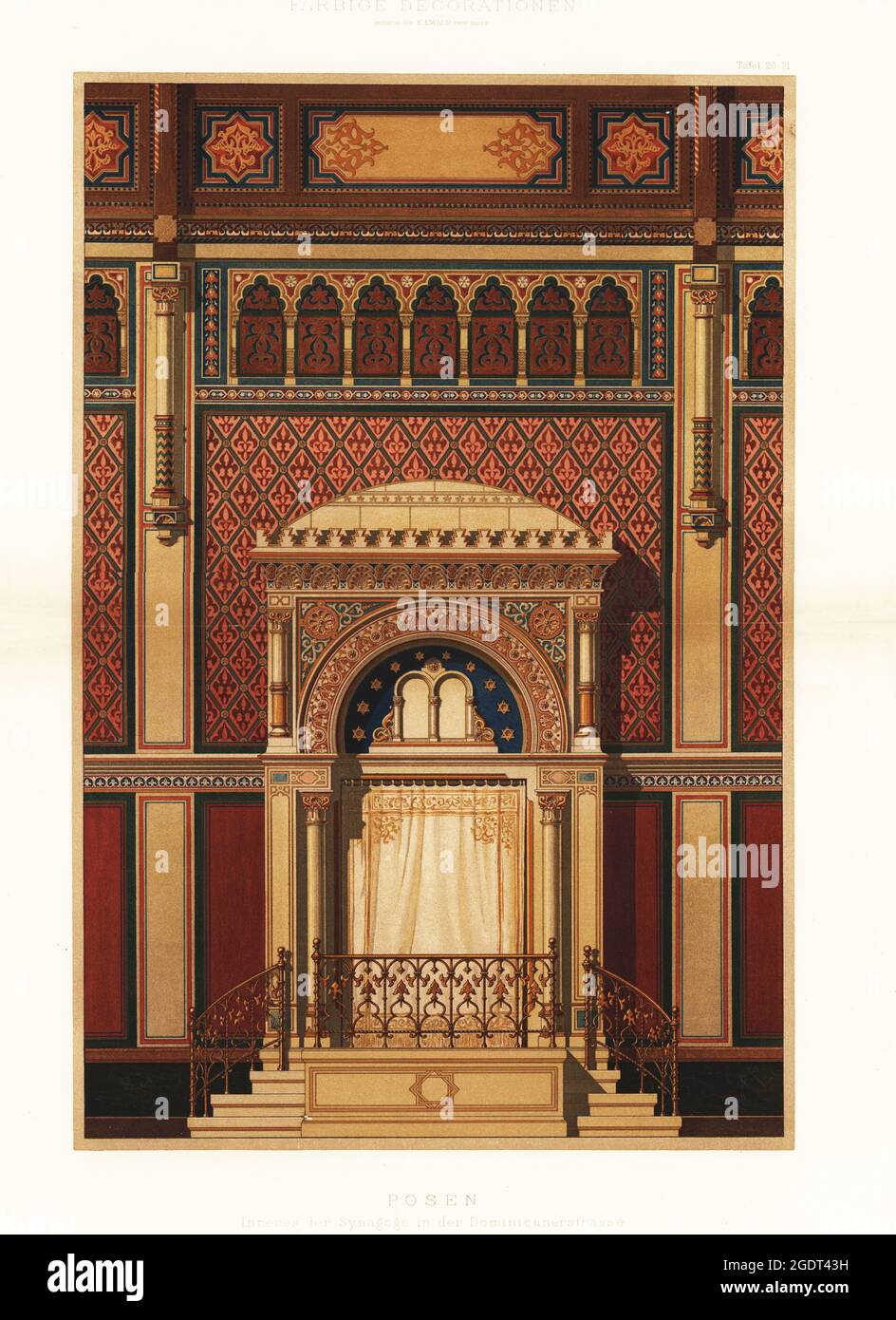 Interior of the synagogue in Dominicanerstrasse, Poznan, Poland, 1884. Wilhelm Cremer & Richard Wolffenstein architects., E. Weckmann painter. Inneres der Synagoge in der Dominicanerstrasse, Posen. Chromolithograph from Ernst Ewald’s Farbige decorationen, alter und never Zeit (Color decoration, ancient and new eras), Ernst Wasmuth, Berlin, 1889. Stock Photo