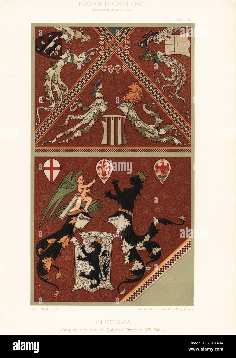 Paintings of coats of arms in the Palazzo Pretorio, Pistoia, Italy, 14th century. Wappenmalerei im Palazzo Pretorio, Pistoja, XIV Jahrh. Chromolithograph by Paul Klinka from Ernst Ewald’s Farbige decorationen, alter und never Zeit (Color decoration, ancient and new eras), Ernst Wasmuth, Berlin, 1889. Stock Photo