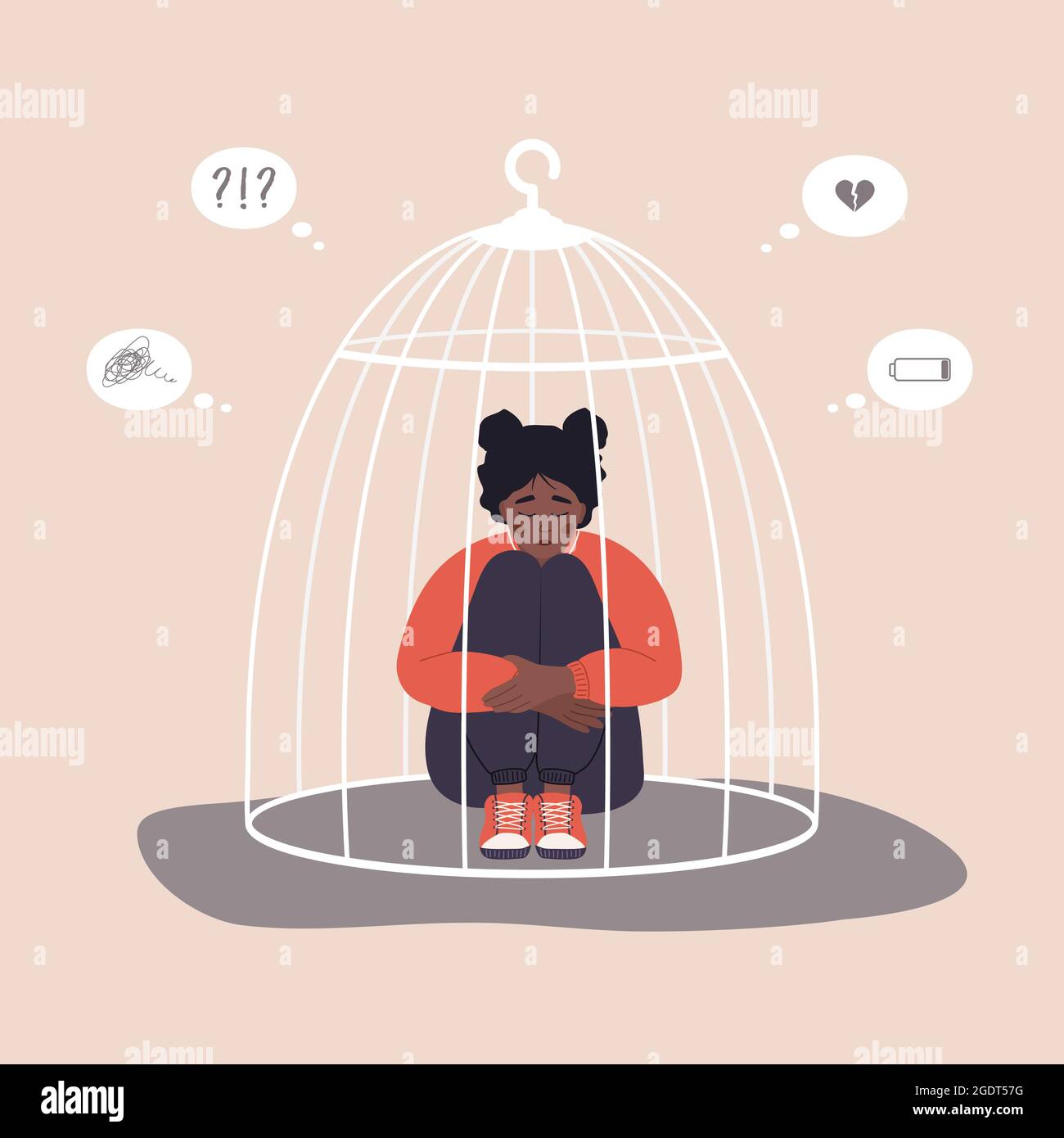 African woman locked in cage. Unhappy female character sitting on floor and hugging knees. Female empowerment movement. Vector illustration in cartoon Stock Vector