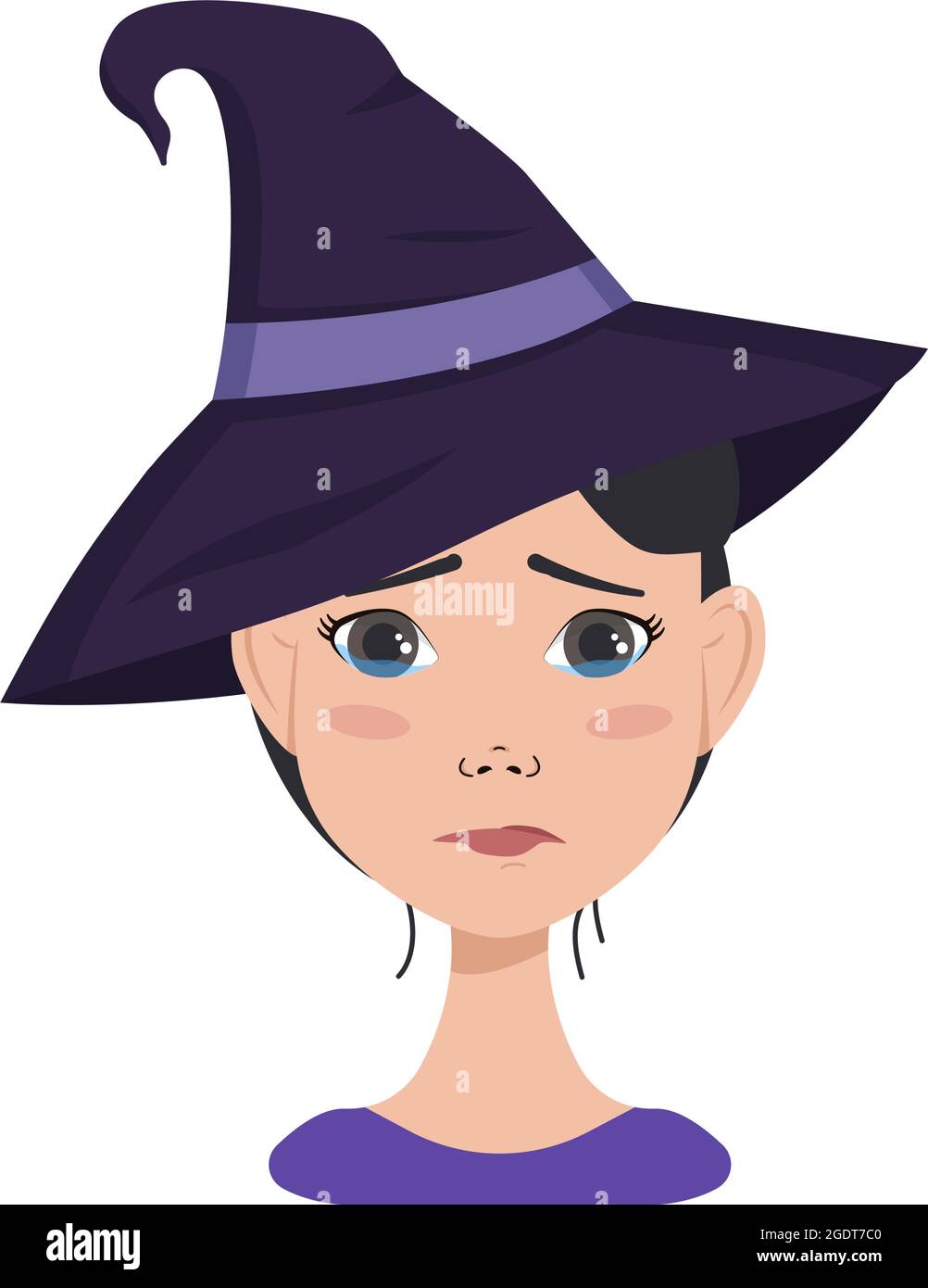 Avatar of asian woman with dark hair, sad emotions, crying face and tears, wearing a witch hat. Halloween character in costume Stock Vector