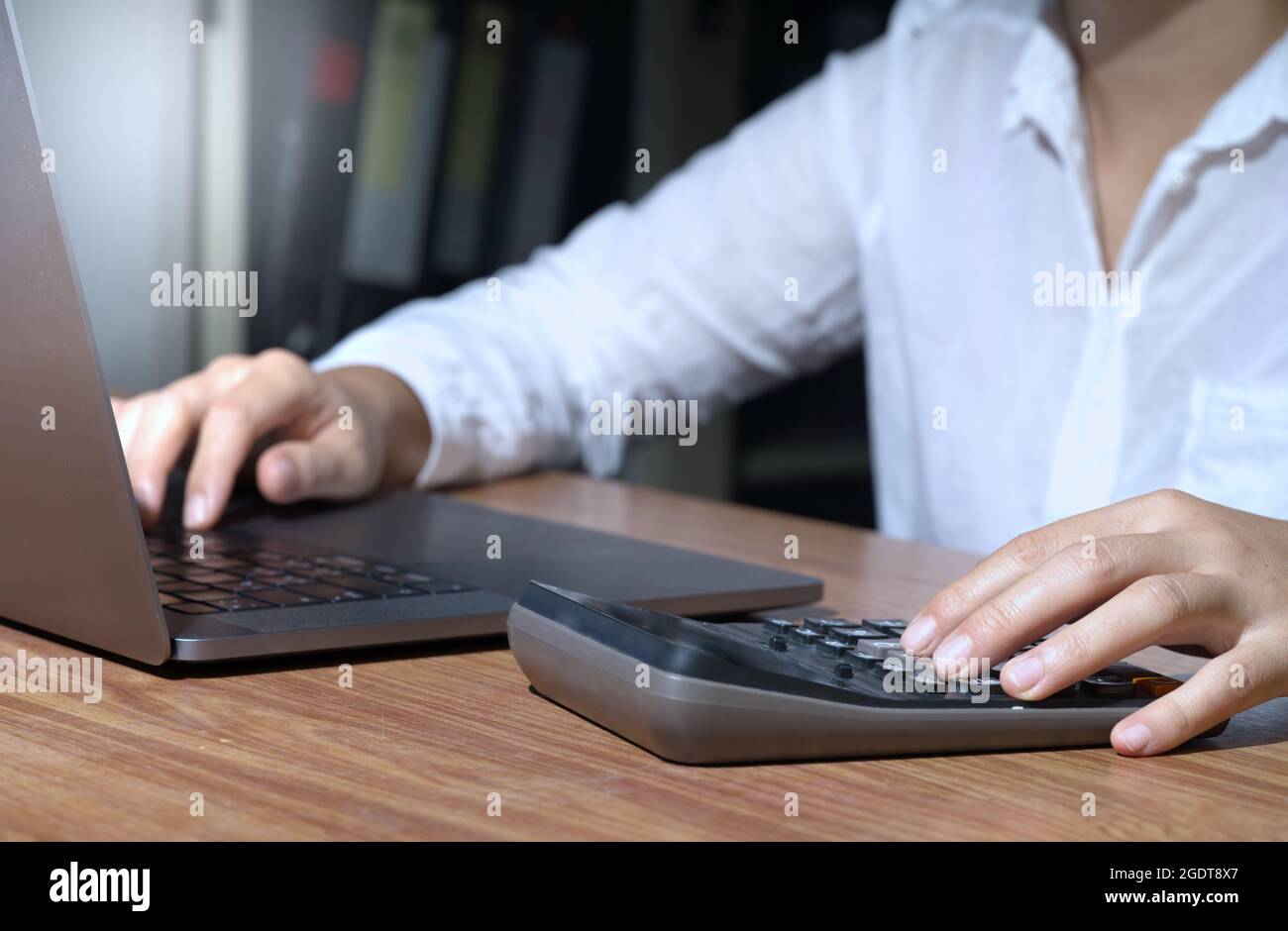 Accountant using calculator, counting, finance, taxes, fees, accounting