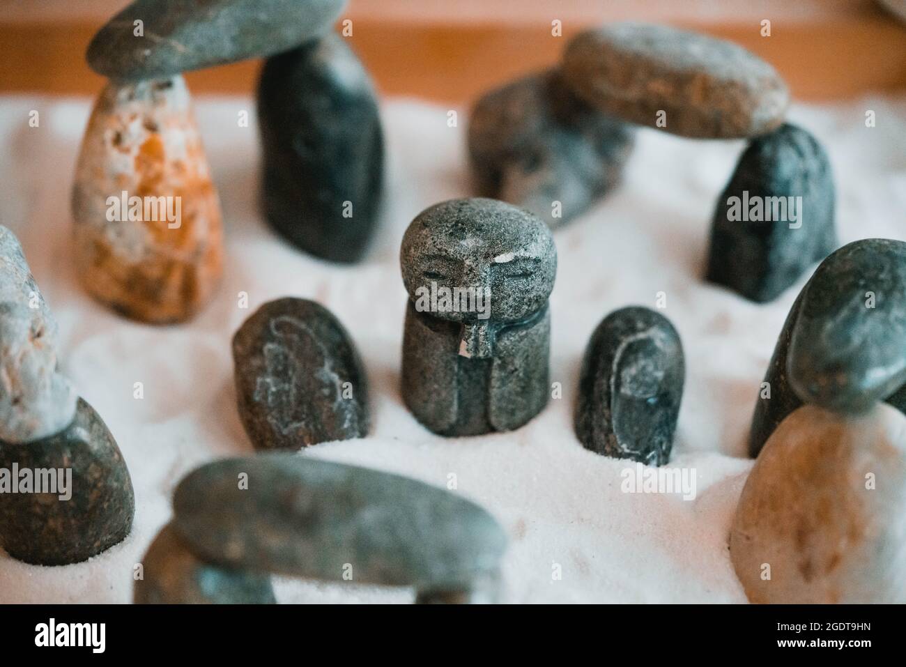 Japanese stone monk sculpture with Zen landscape garden decoration