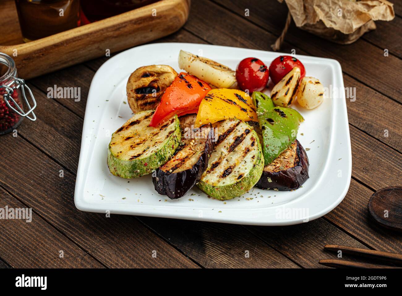 Assorted grilled vegetables plate garnish Stock Photo