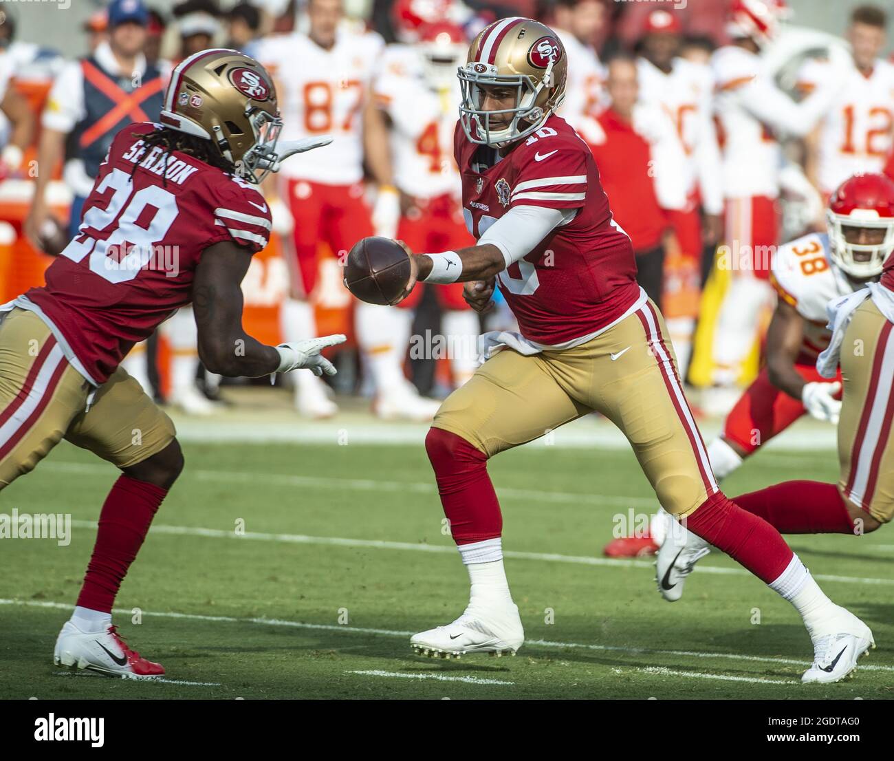 Santa Clara, California, USA. 19th Jan, 2020. San Francisco 49ers  quarterback Jimmy Garoppolo (10) and fullback Kyle Juszczyk (44) pregame on  Sunday, January 19, 2020, at Levis Stadium in Santa Clara, California.