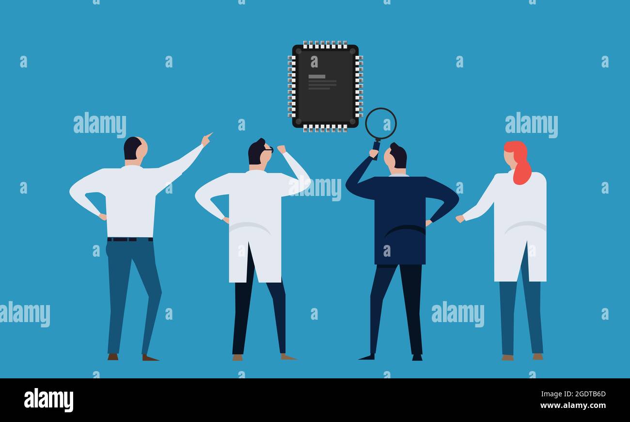 micro chip research semiconductor engineering technology team working on hardware silicon design Stock Vector